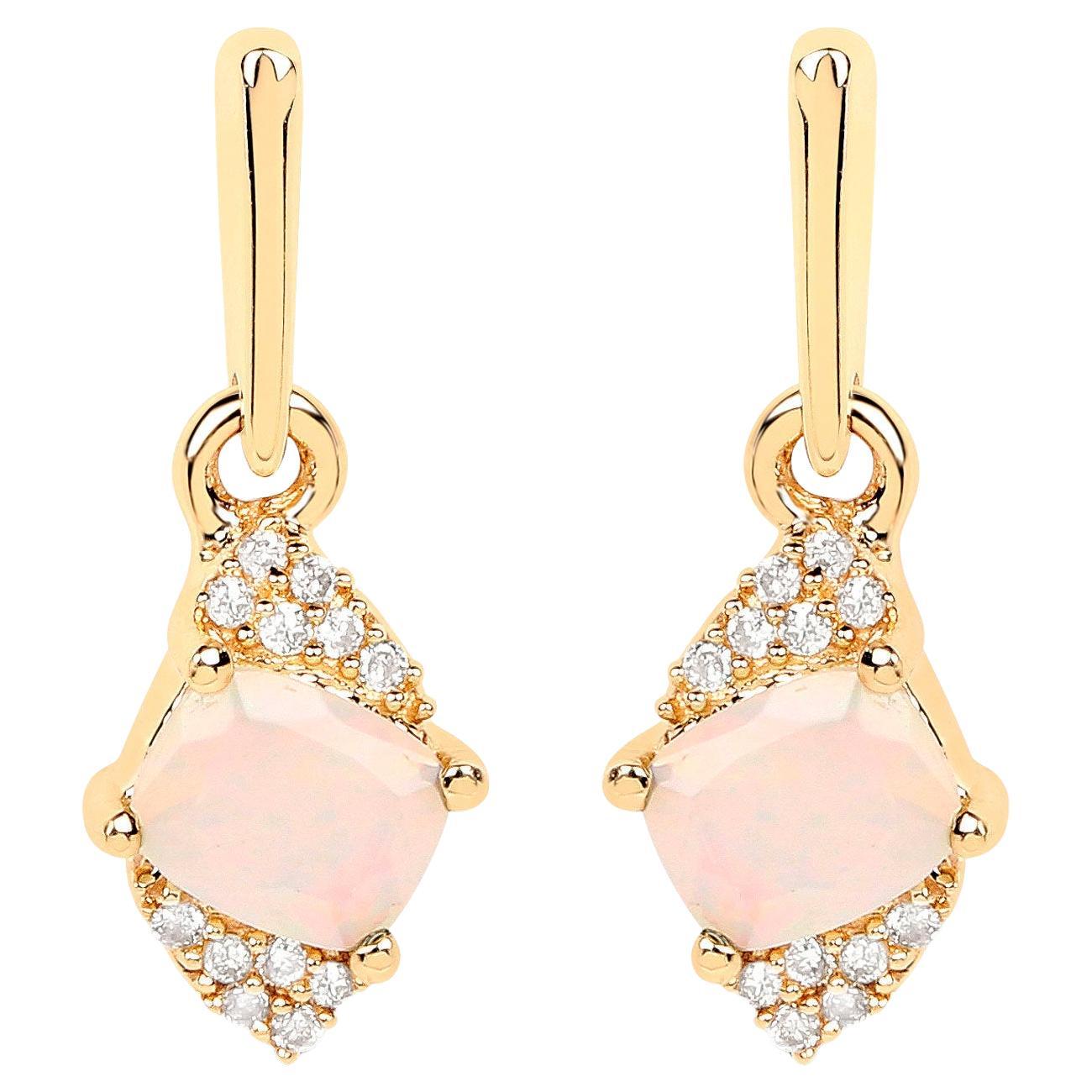 Natural Ethiopian Opal Earrings With Diamonds 0.54 Carats 14K Yellow Gold
