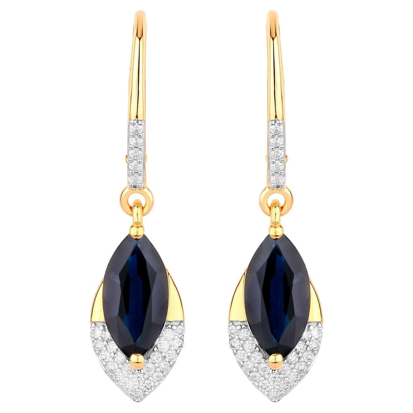 Blue Sapphire Dangle Earrings Diamonds 2.7 Carats 14K Yellow Gold