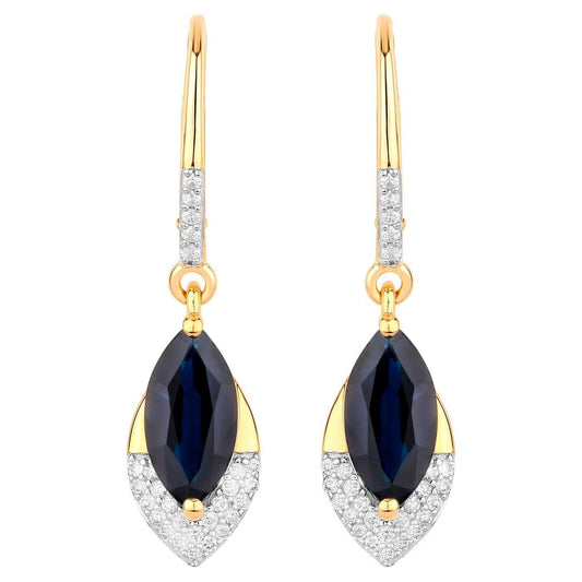 Blue Sapphire Dangle Earrings Diamonds 2.7 Carats 14K Yellow Gold