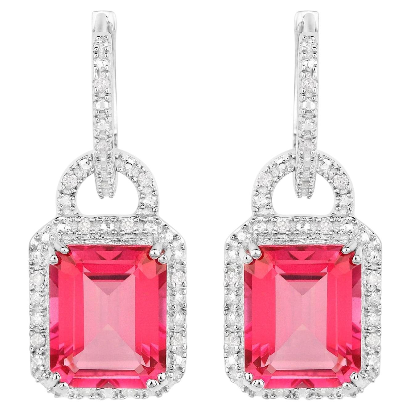 Pink Topaz Earrings With Diamonds 7.8 Carats Sterling Silver