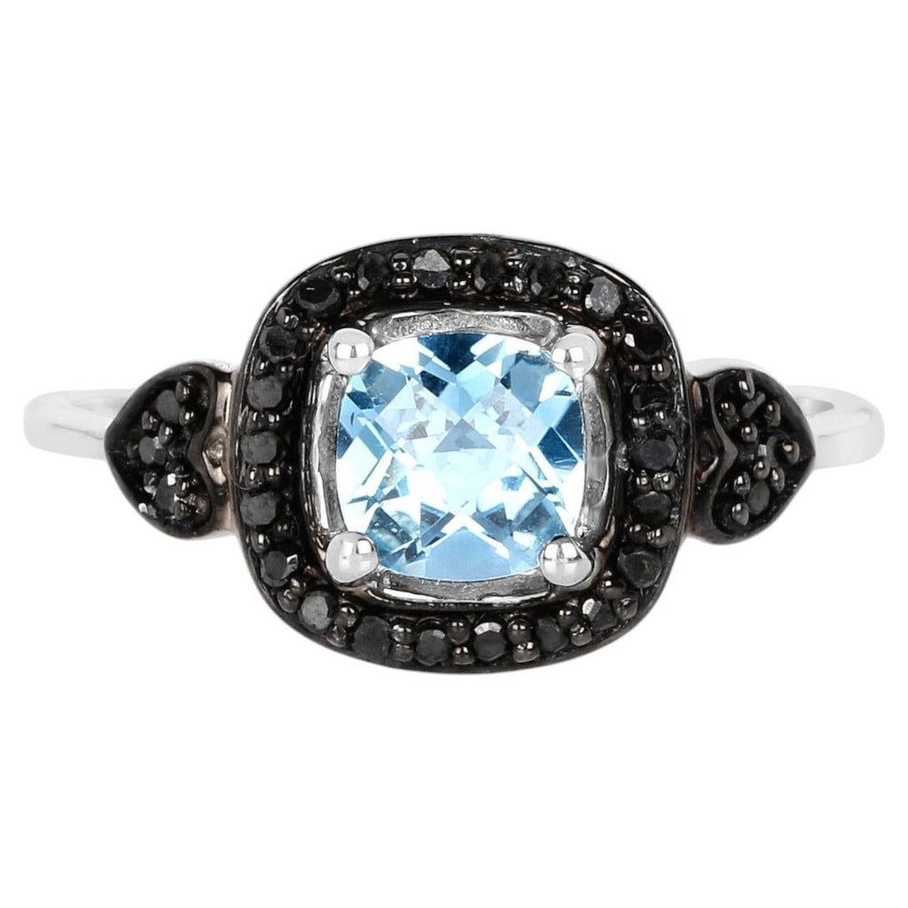 Swiss Blue Topaz Ring With Black Diamonds 1.16 Carats Sterling Silver