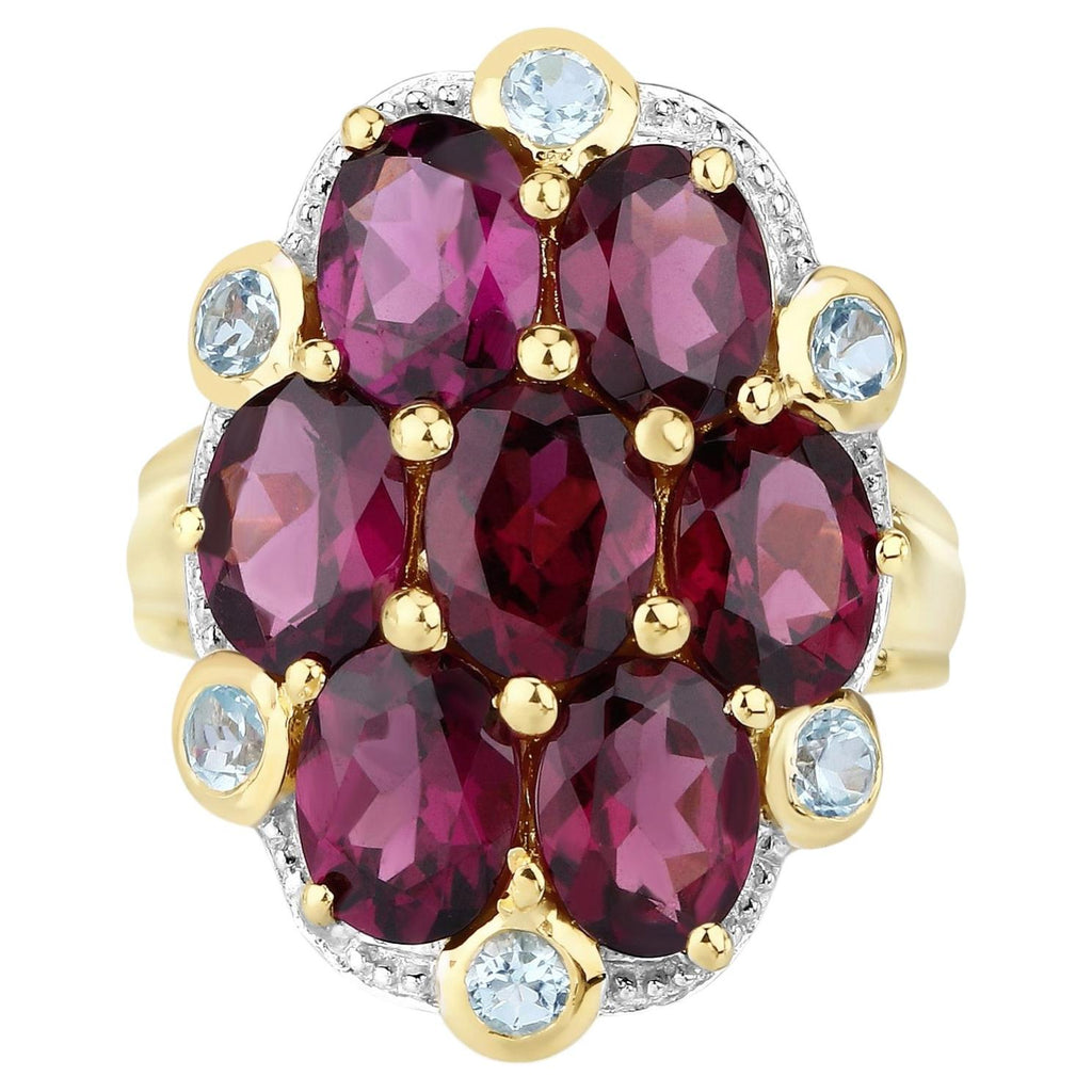 Rhodolite Garnet Flower Ring With Blue Topaz 11.1 Carats Gold Plated Silver