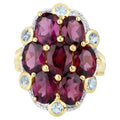 Rhodolite Garnet Flower Ring With Blue Topaz 11.1 Carats Gold Plated Silver