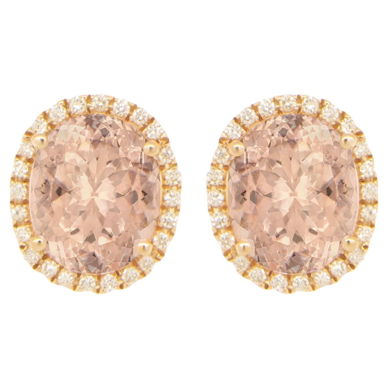 Oval Cut Morganite Stud Earrings With Diamond Halo 5.5 Carats Total