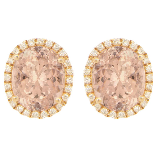 Oval Cut Morganite Stud Earrings With Diamond Halo 5.5 Carats Total