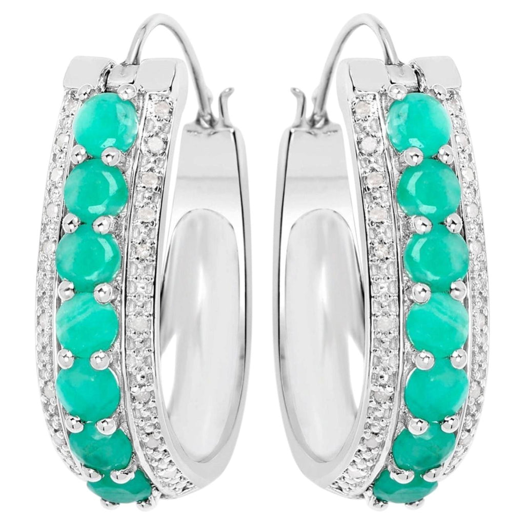 Emerald Hoop Earrings With Diamonds 3.38 Carats Sterling Silver