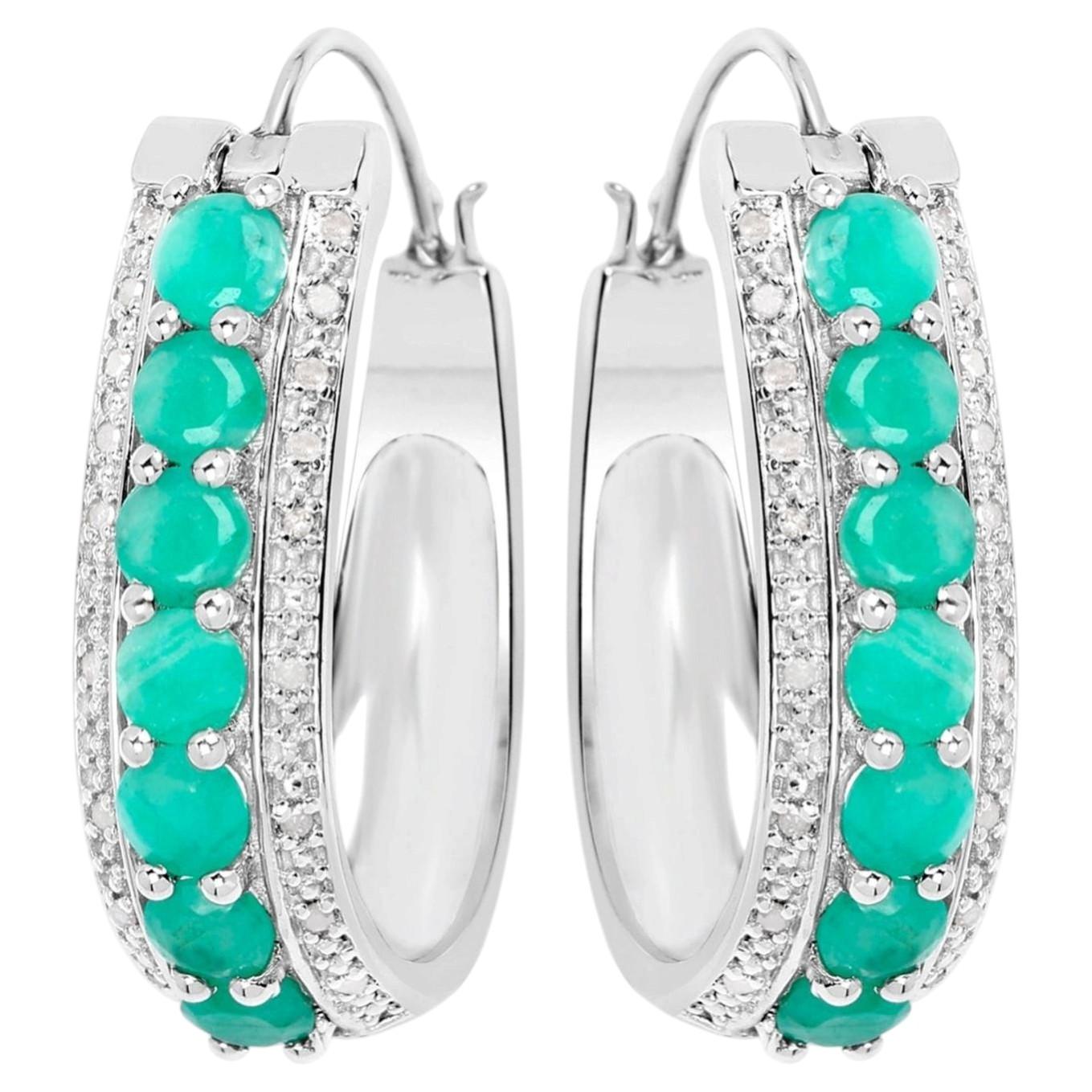 Emerald Hoop Earrings With Diamonds 3.38 Carats Sterling Silver