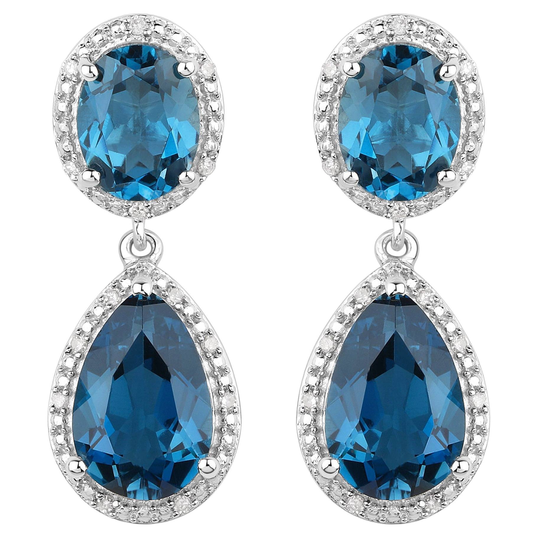 London Blue Topaz Earrings Diamond Setting 11.45 Carats Total