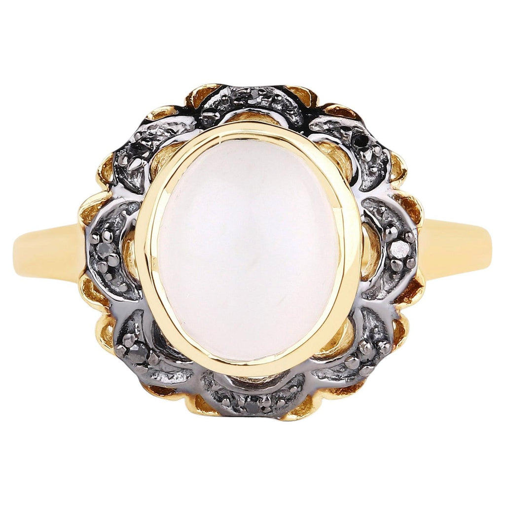 White Moonstone Ring With Black Diamonds 3 Carats Gold Plated Silver