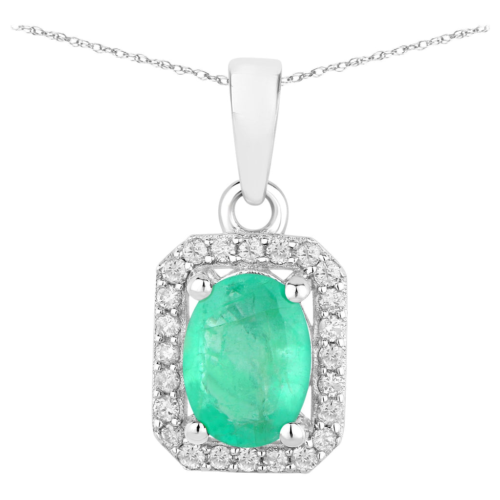 Zambian Emerald Pendant With Diamonds 0.8 Carats 10K White Gold
