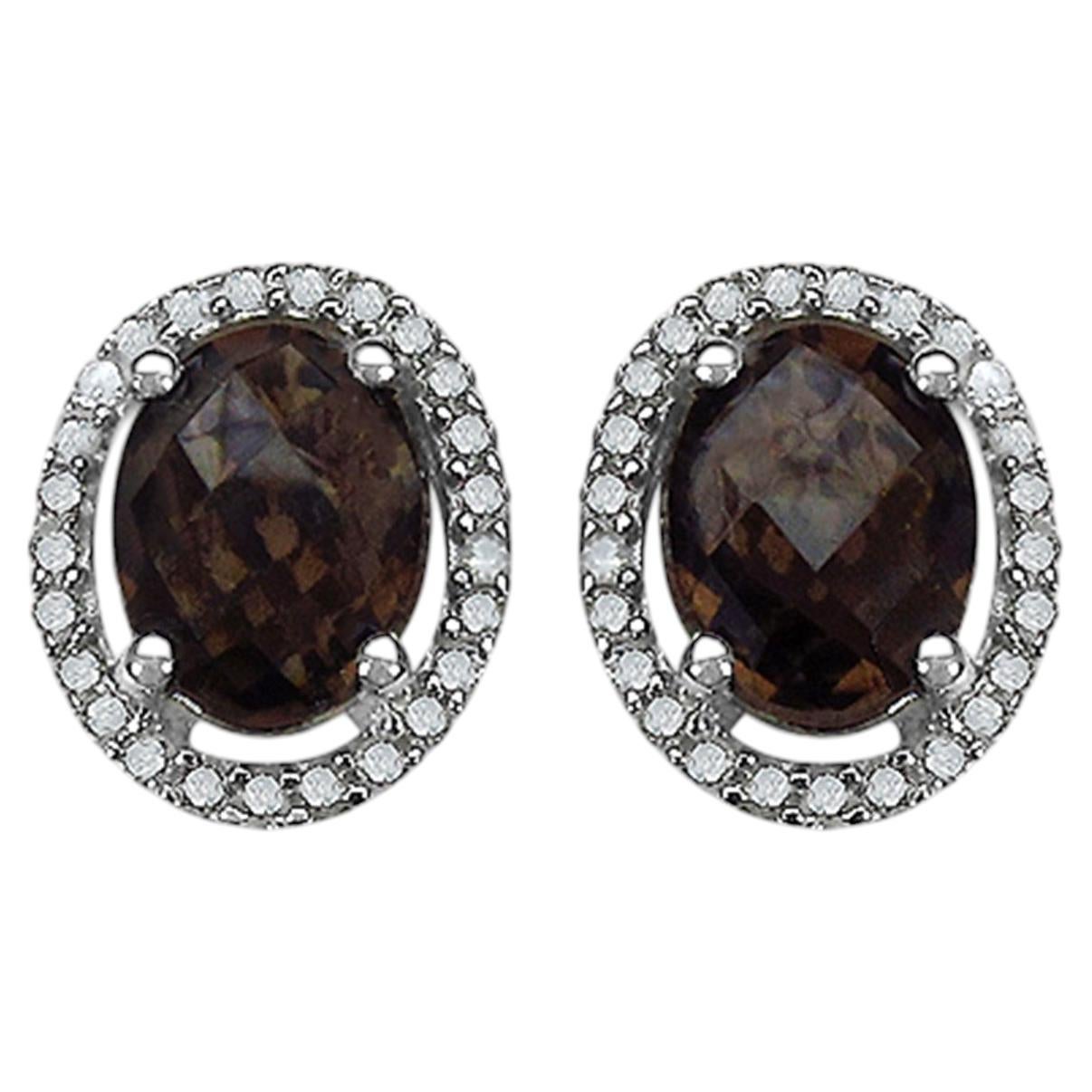 Smoky Quartz Earrings With Diamonds 2.34 Carats Sterling Silver