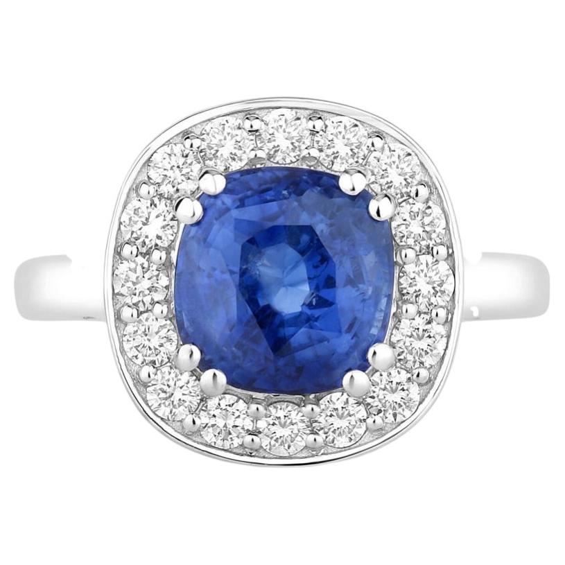 Blue Sapphire Ring With Diamonds 3.86 Carats 18K White Gold