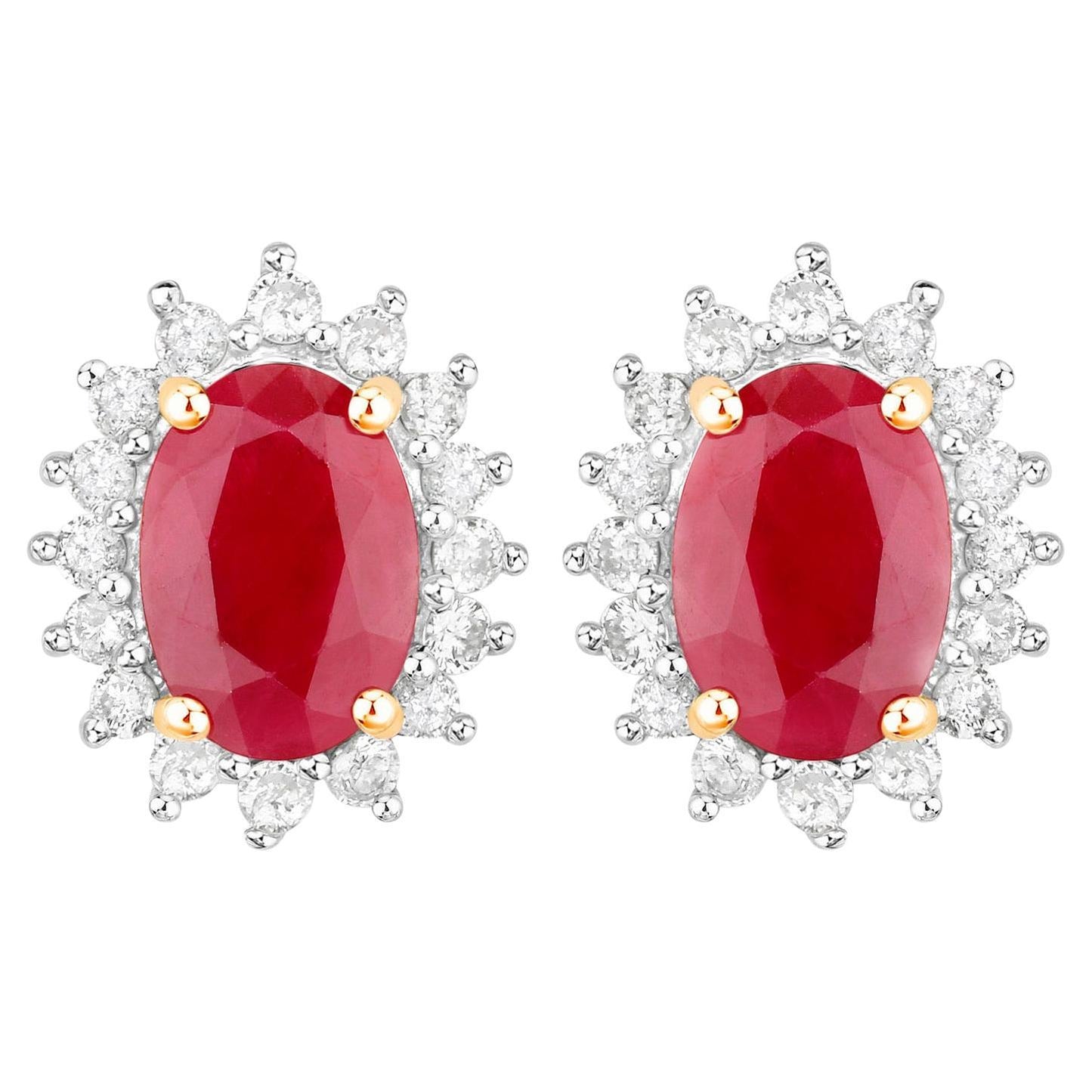 Ruby Earrings Halo Diamonds 2 Carats 14K Yellow Gold