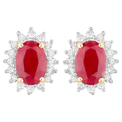 Ruby Earrings Halo Diamonds 2 Carats 14K Yellow Gold