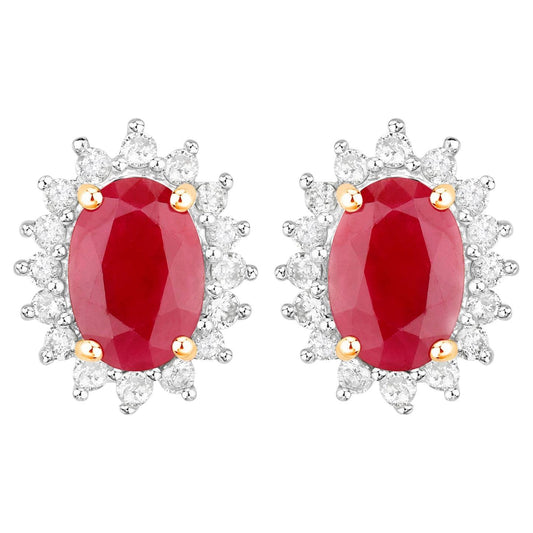 Ruby Earrings Halo Diamonds 2 Carats 14K Yellow Gold