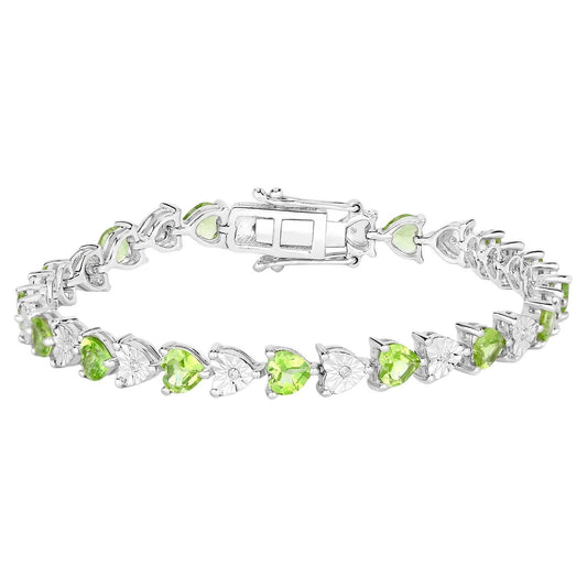 Peridot Tennis Bracelet White Diamonds 6.7 Carats Rhodium Plated Sterling Silver