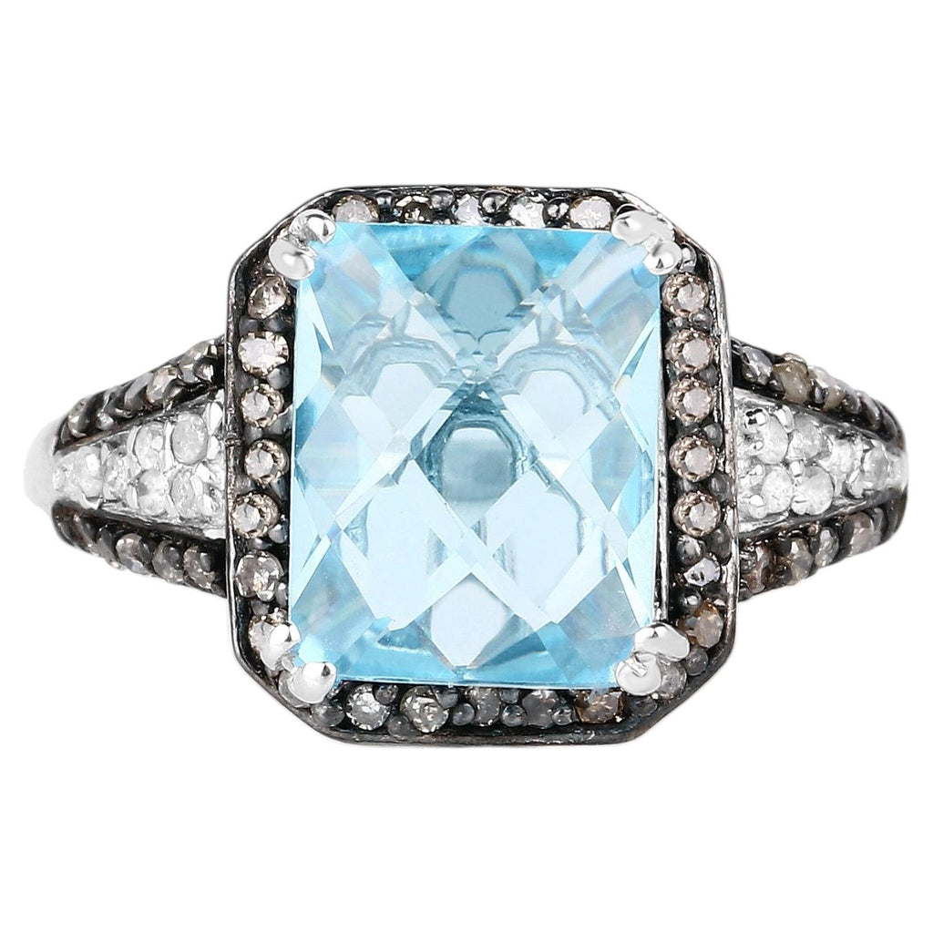 Swiss Blue Topaz Ring With Champagne Diamonds 4.28 Carats Sterling Silver