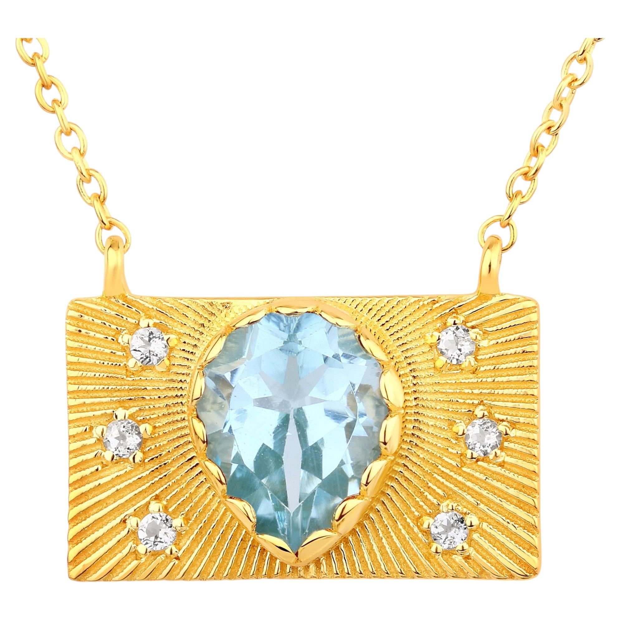 Blue Topaz Purse Necklace With White Topaz 2 Carats Gold Plated Silver