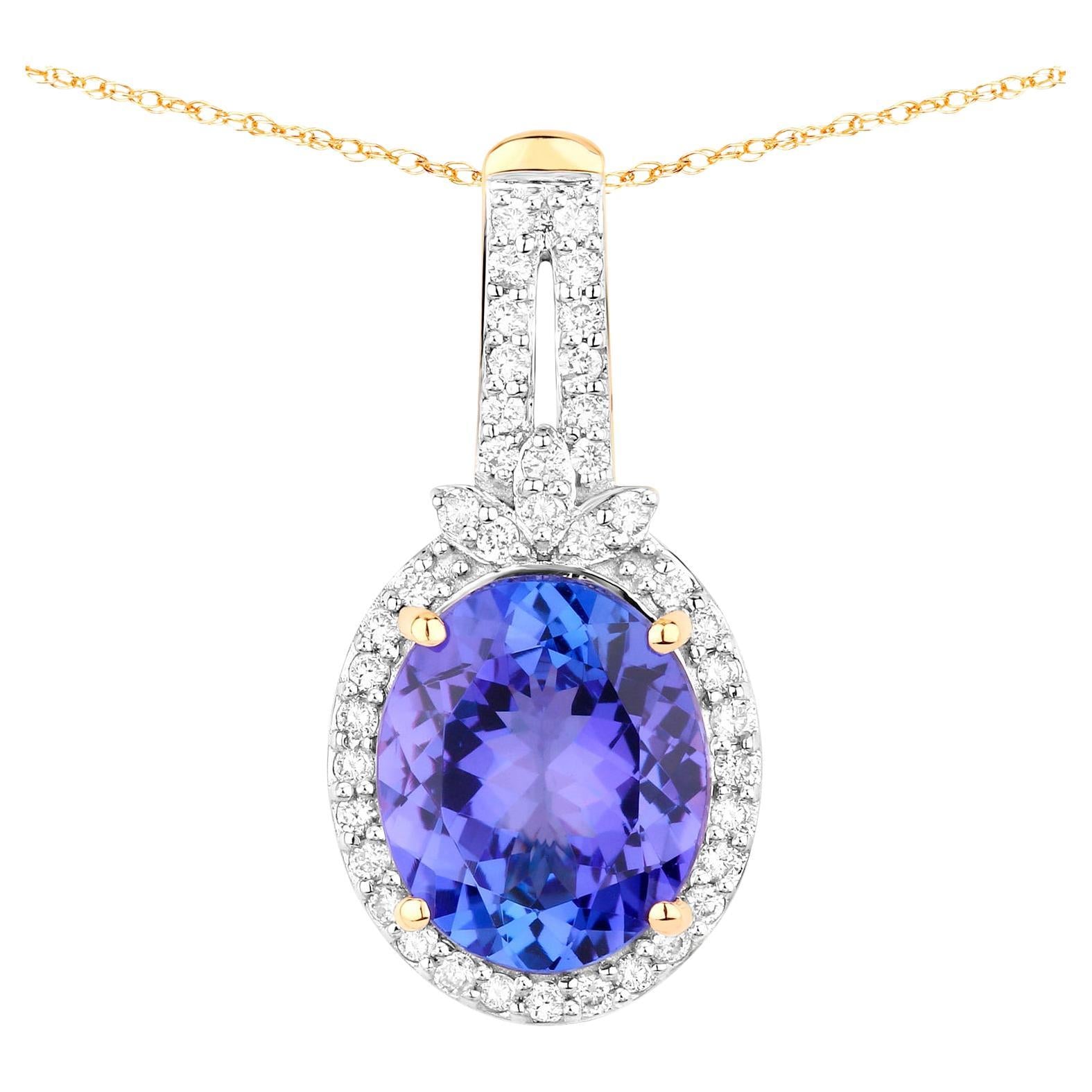 Tanzanite Pendant Necklace Diamonds 3.73 Carats 14K Yellow Gold
