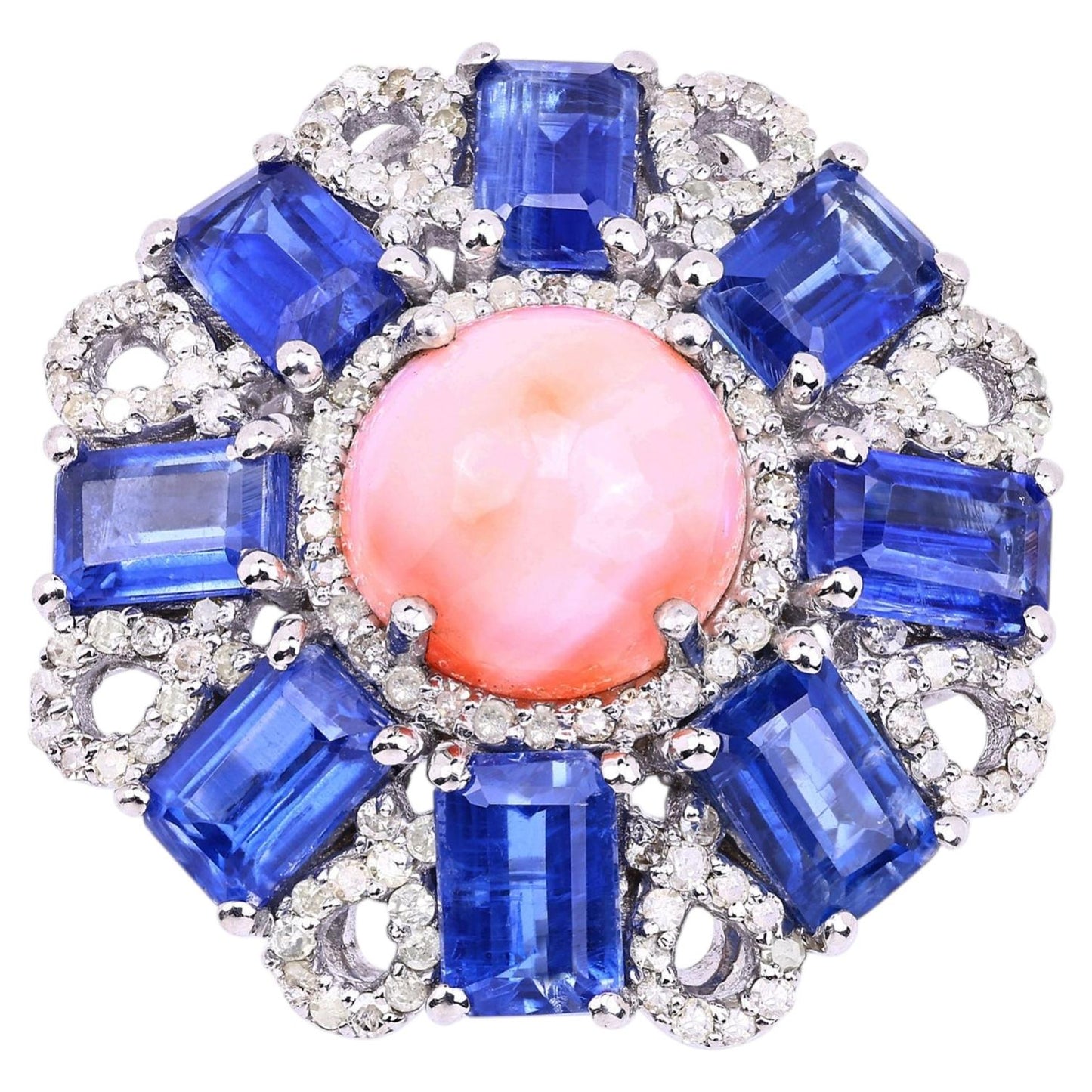 Coral Ring With Kyanite 9.68 Carats Sterling Silver