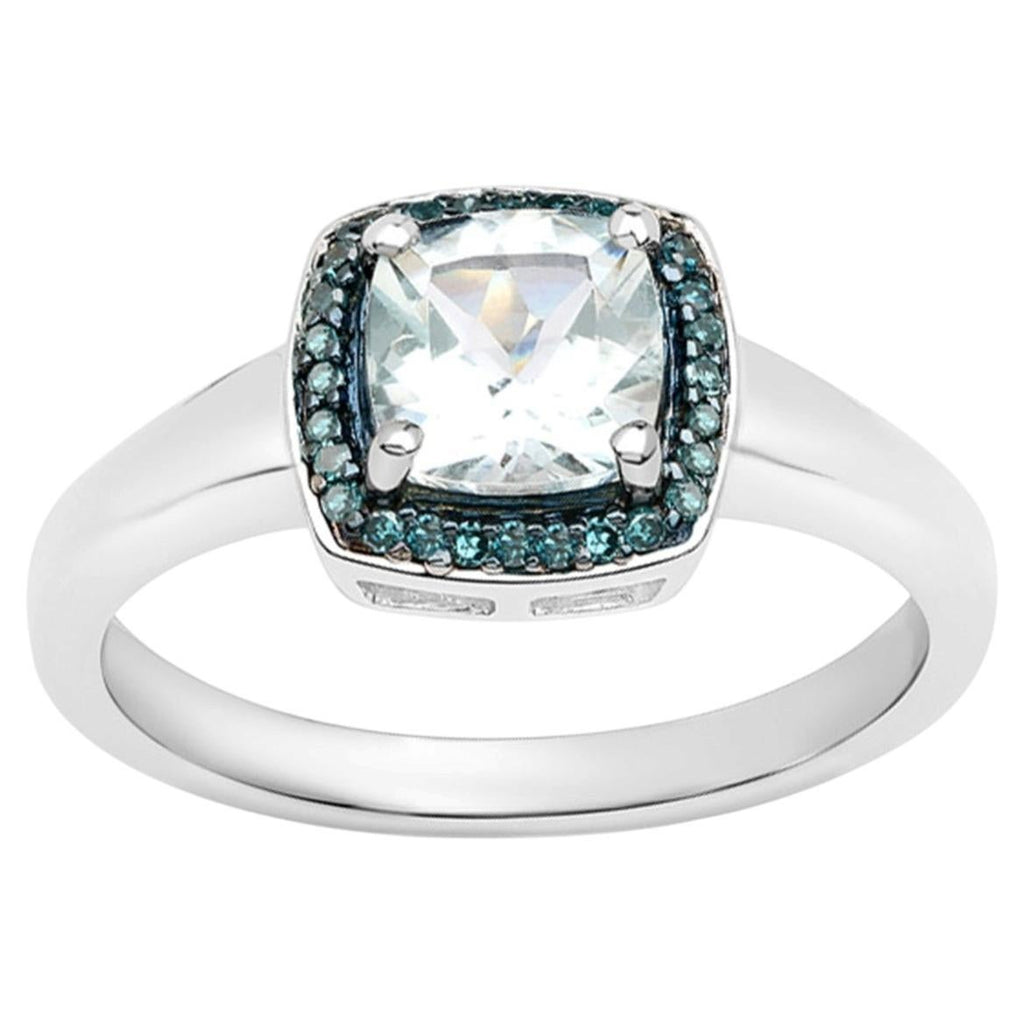 Aquamarine Ring With Blue Diamonds 0.8 Carats Sterling Silver