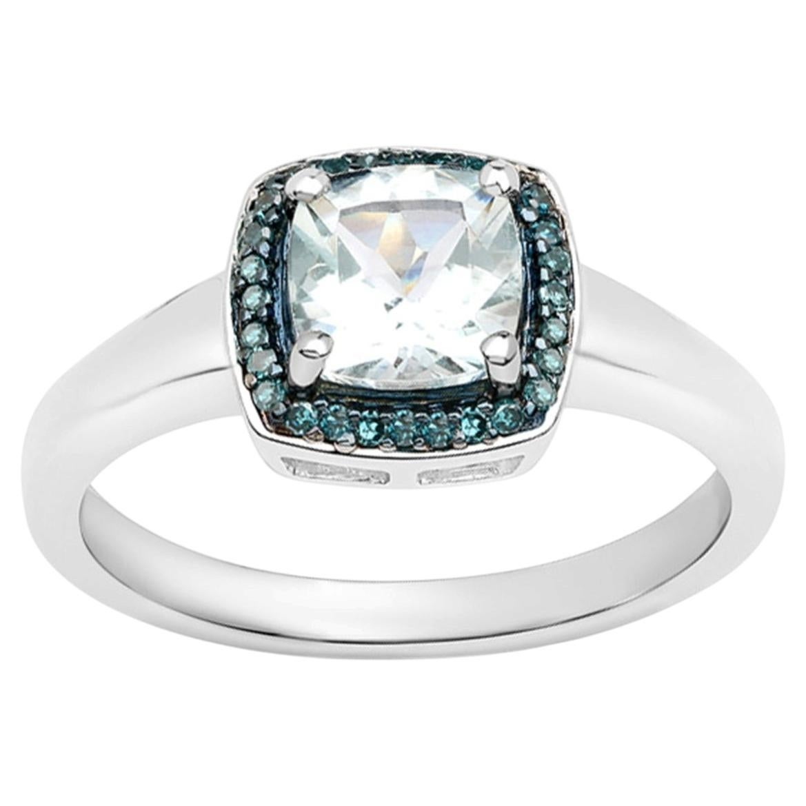 Aquamarine Ring With Blue Diamonds 0.8 Carats Sterling Silver