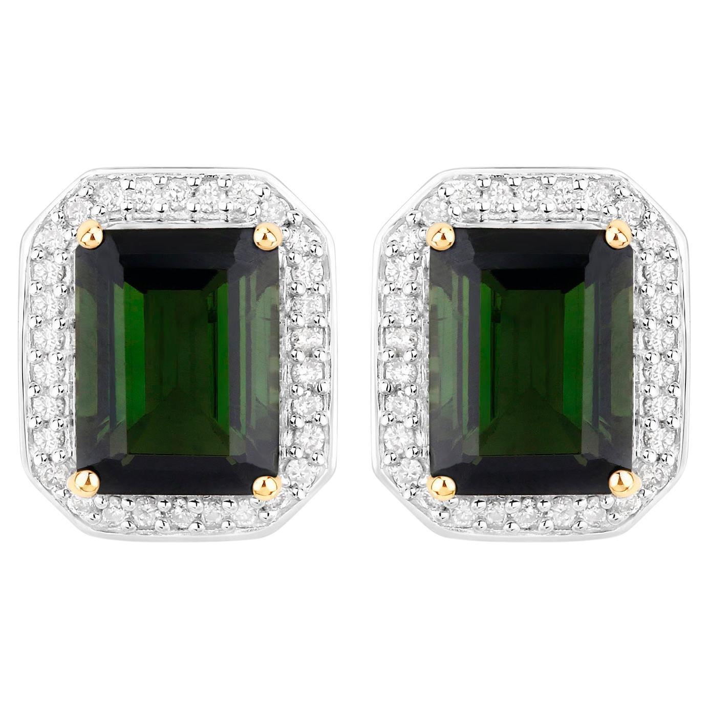 Green Tourmaline Stud Earrings Diamond Halo 3.55 Carats 14K Yellow Gold