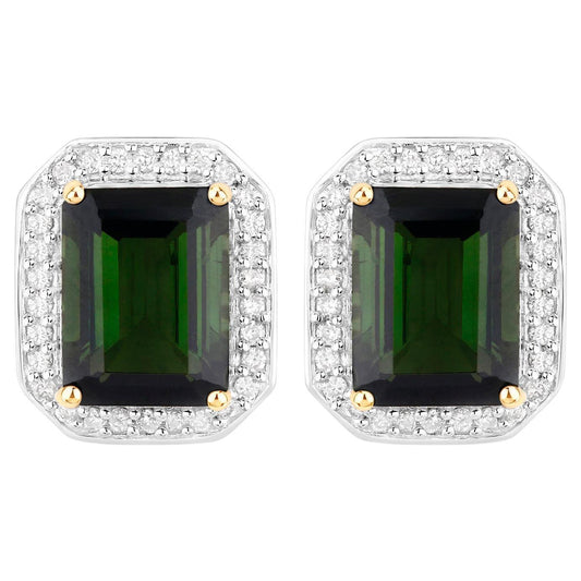 Green Tourmaline Stud Earrings Diamond Halo 3.55 Carats 14K Yellow Gold