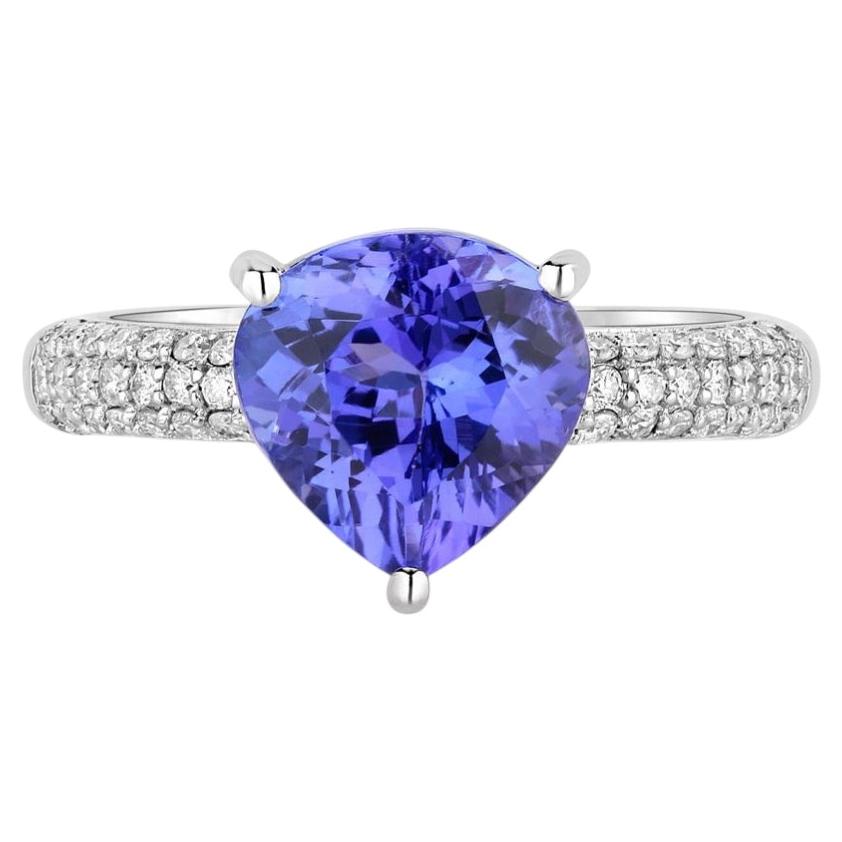 Tanzanite Heart Ring With Diamonds 3.16 Carats 14K White Gold