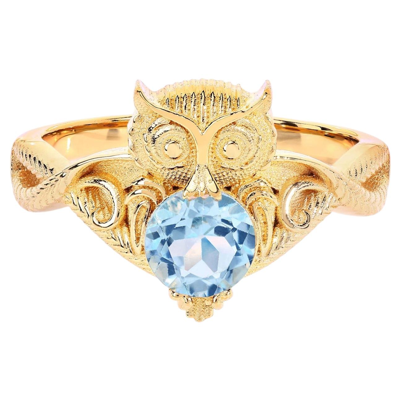 Blue Topaz Owl Ring 1.04 Carats Gold Plated Silver