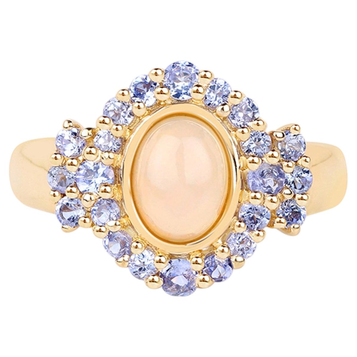 Ethiopian Opal Ring With Tanzanite 1.7 Carats Gold Plated Silver
