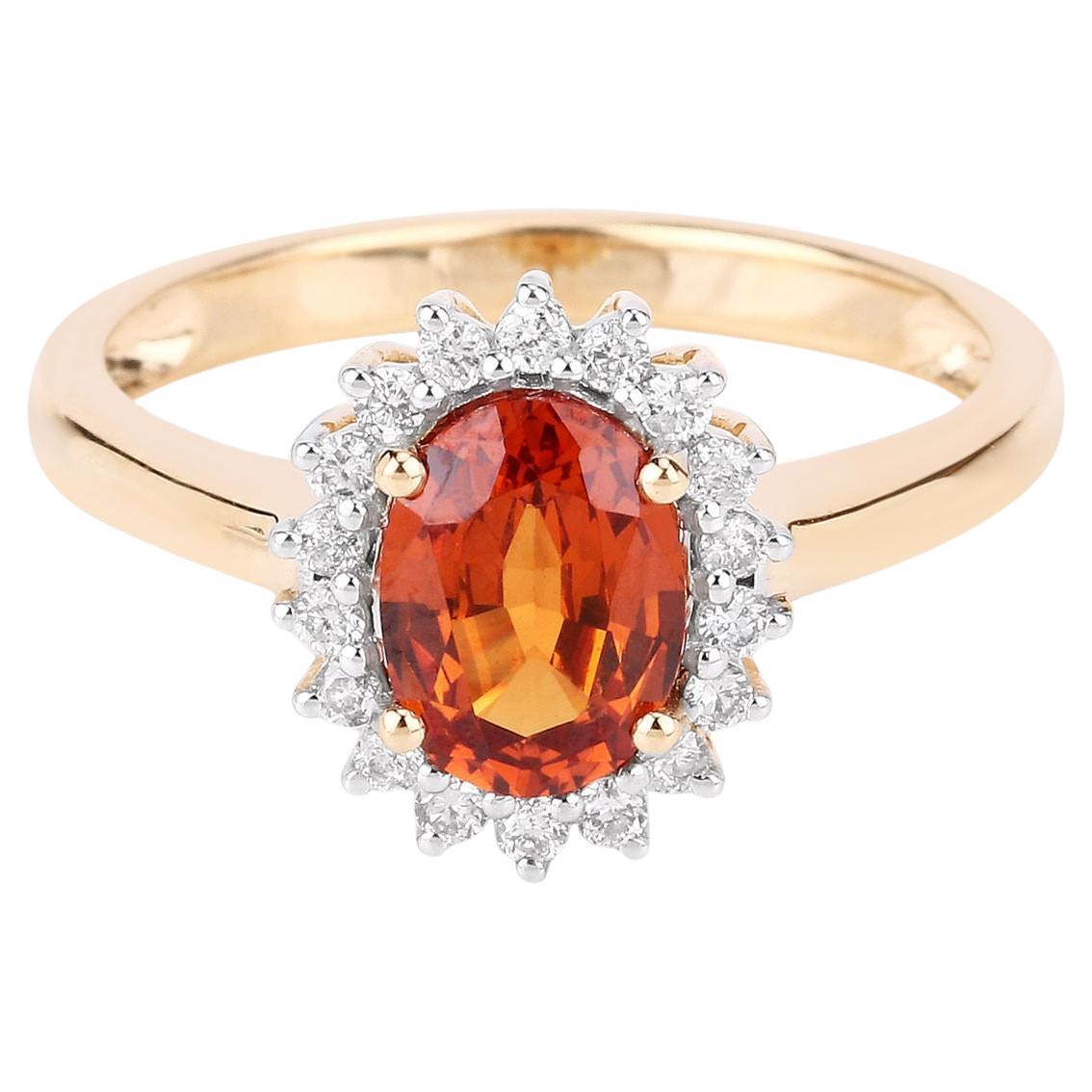 Oval 1.70 Carat Natural Spessartite Garnet & Diamond Halo Ring 14K Yellow Gold