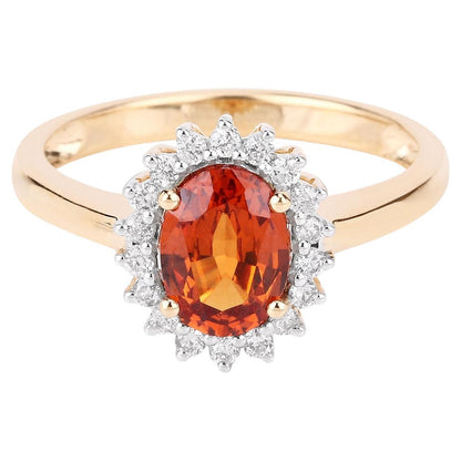 Oval 1.70 Carat Natural Spessartite Garnet & Diamond Halo Ring 14K Yellow Gold