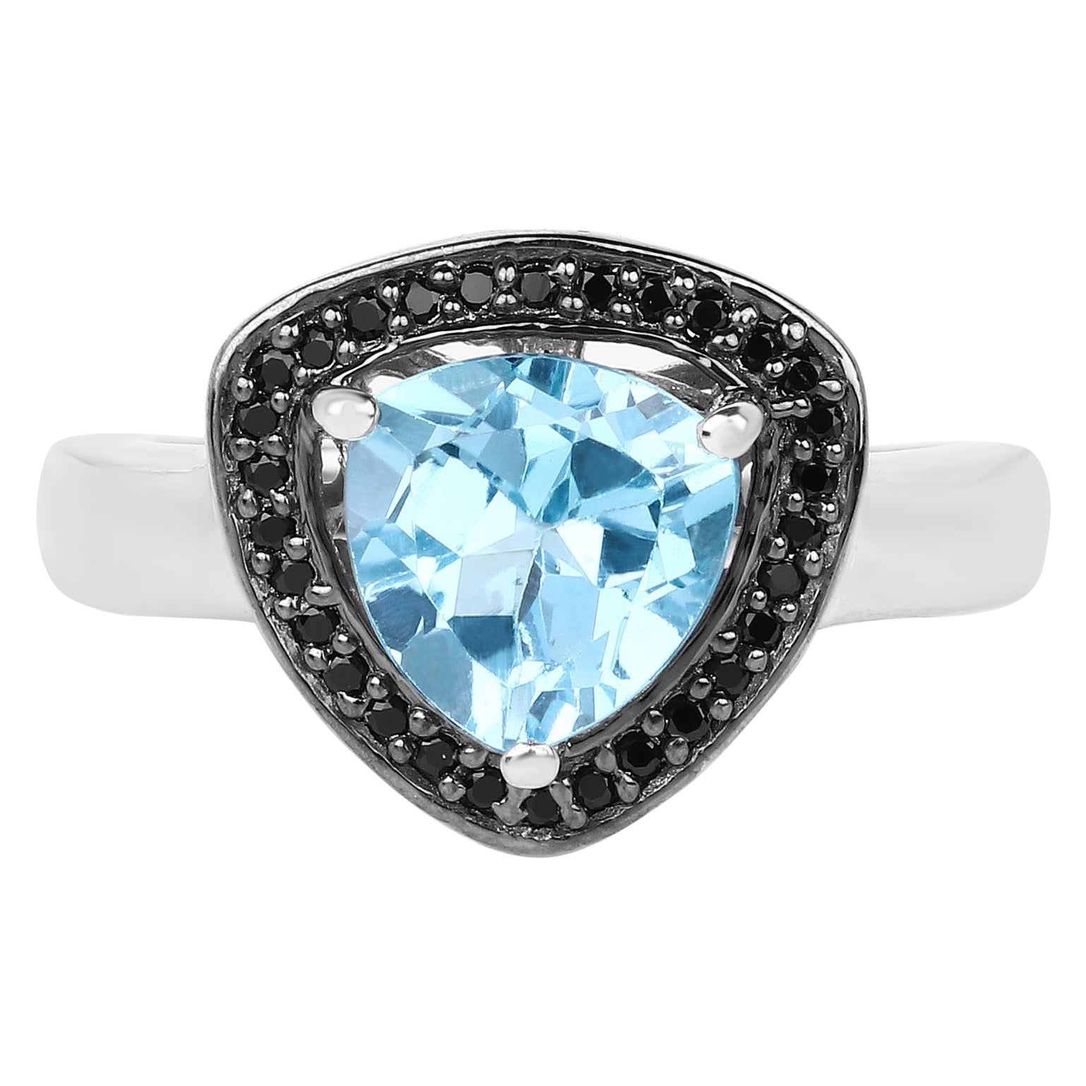 Swiss Blue Topaz Ring With Black Diamonds 2.02 Carats Sterling Silver