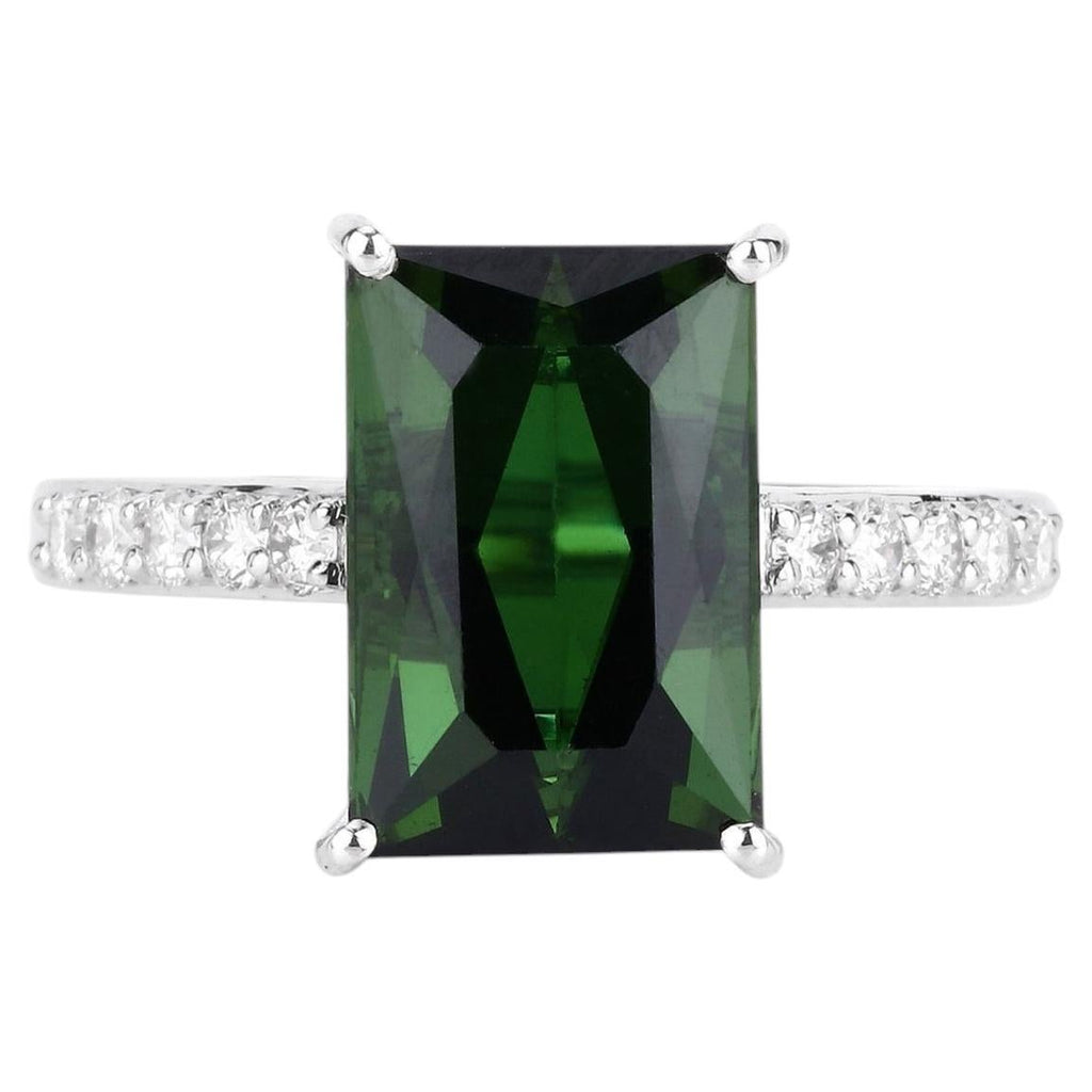 Green Tourmaline Ring With Diamonds 6.12 Carats 14K White Gold
