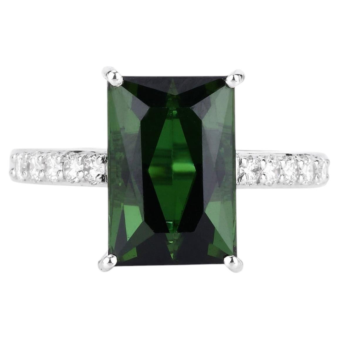 Green Tourmaline Ring With Diamonds 6.12 Carats 14K White Gold