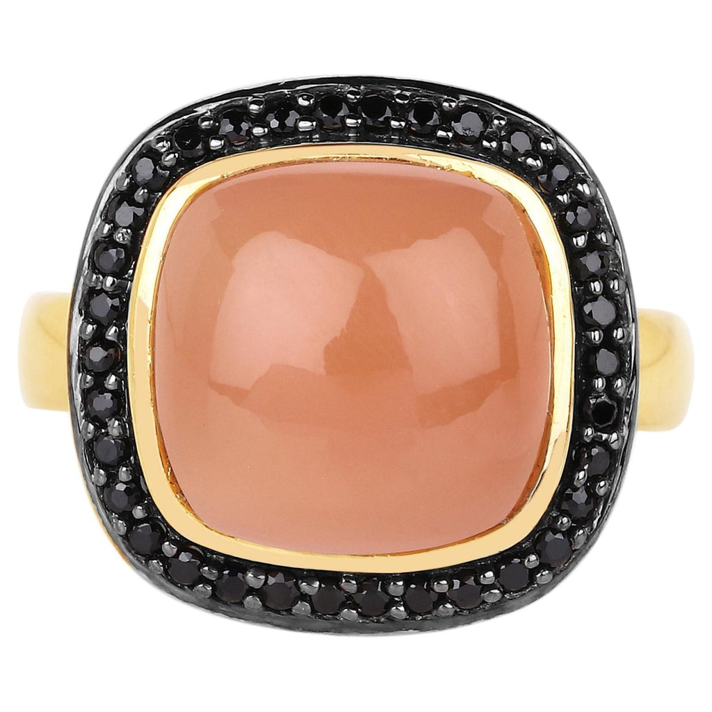 Peach Moonstone Ring With Black Spinel 7.54 Carats Gold Plated Silver
