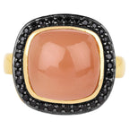 Peach Moonstone Ring With Black Spinel 7.54 Carats Gold Plated Silver