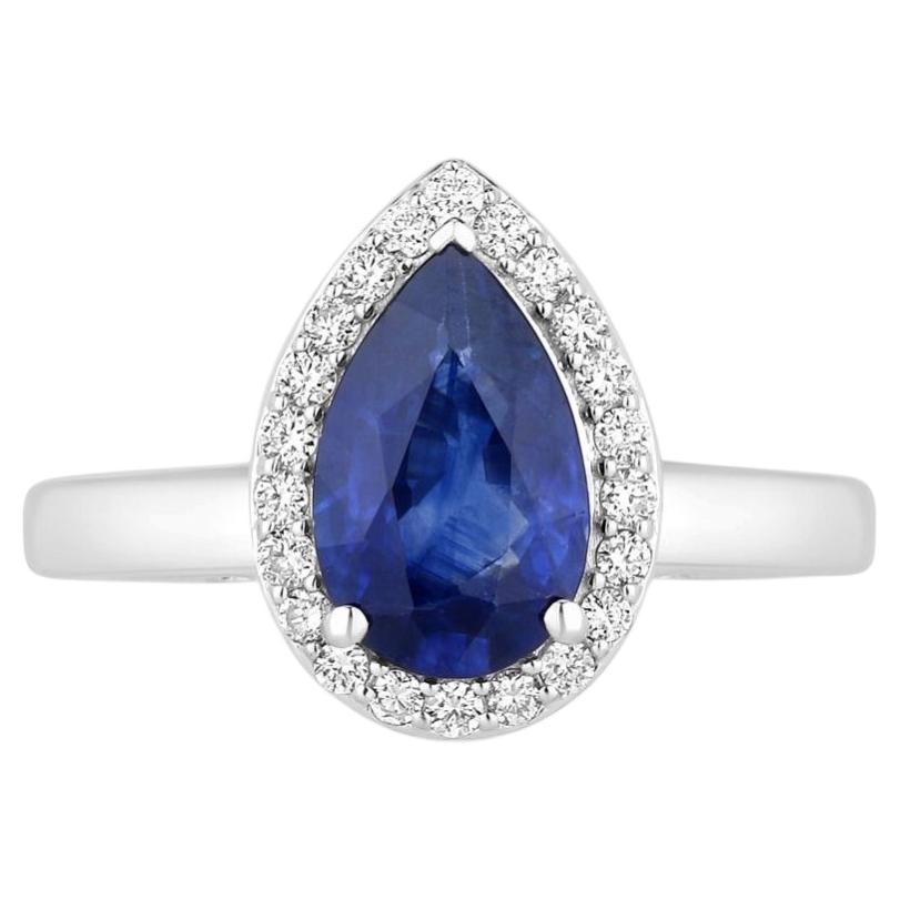 Blue Sapphire Ring With Diamonds 2.1 Carats 18K White Gold