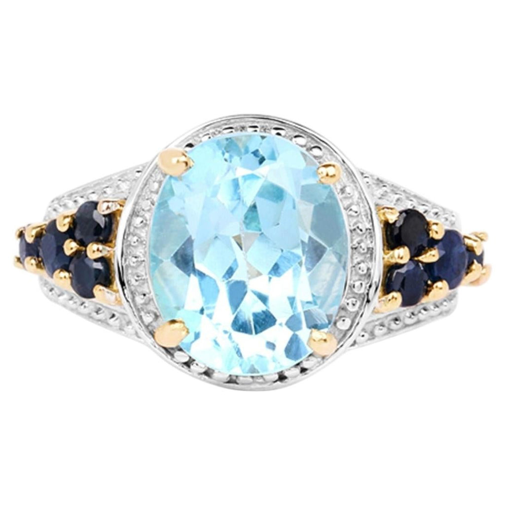 Blue Topaz Ring With Blue Sapphire 5.76 Carats Gold Plated Silver