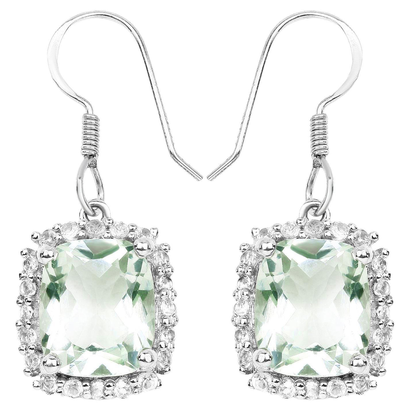 Green Amethyst Dangle Earrings White Topazes 10.4 Carats Sterling Silver