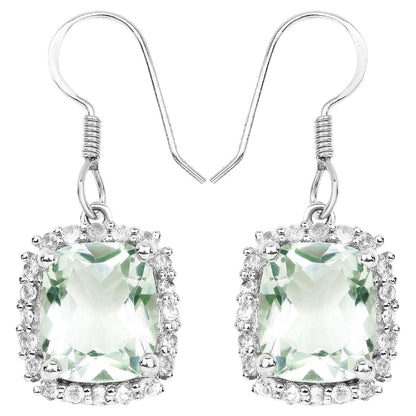 Green Amethyst Dangle Earrings White Topazes 10.4 Carats Sterling Silver