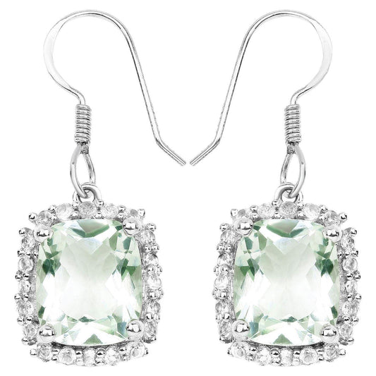 Green Amethyst Dangle Earrings White Topazes 10.4 Carats Sterling Silver