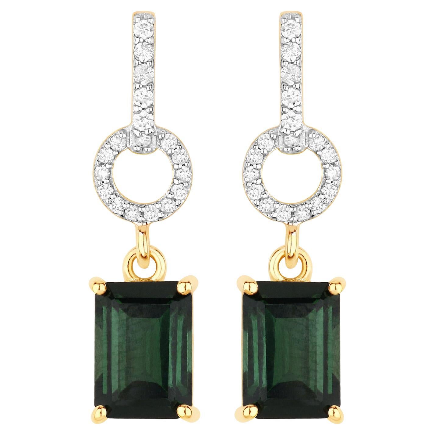 Natural Green Tourmaline and Diamond Dangle Earrings 2.30 Carats 14K Yellow Gold