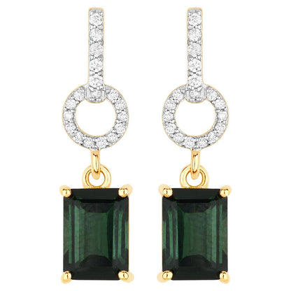 Natural Green Tourmaline and Diamond Dangle Earrings 2.30 Carats 14K Yellow Gold