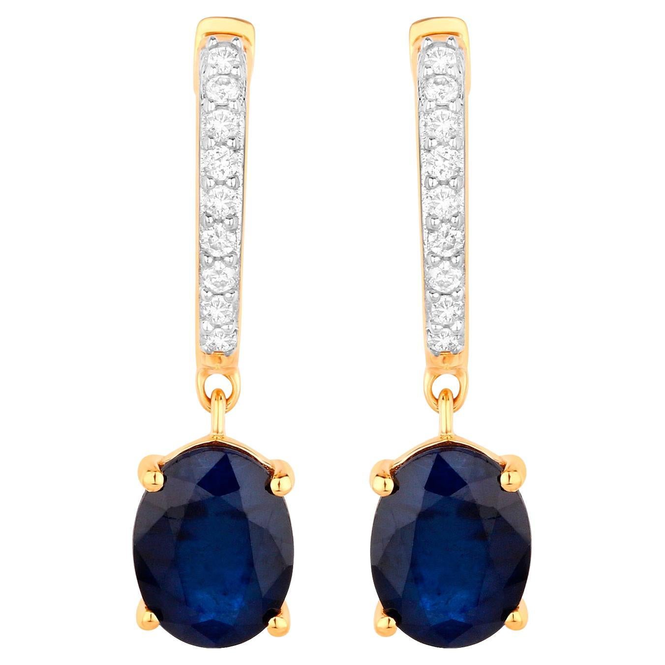 Blue Sapphire Dangle Earrings Diamonds 3.2 Carats 14K Yellow Gold