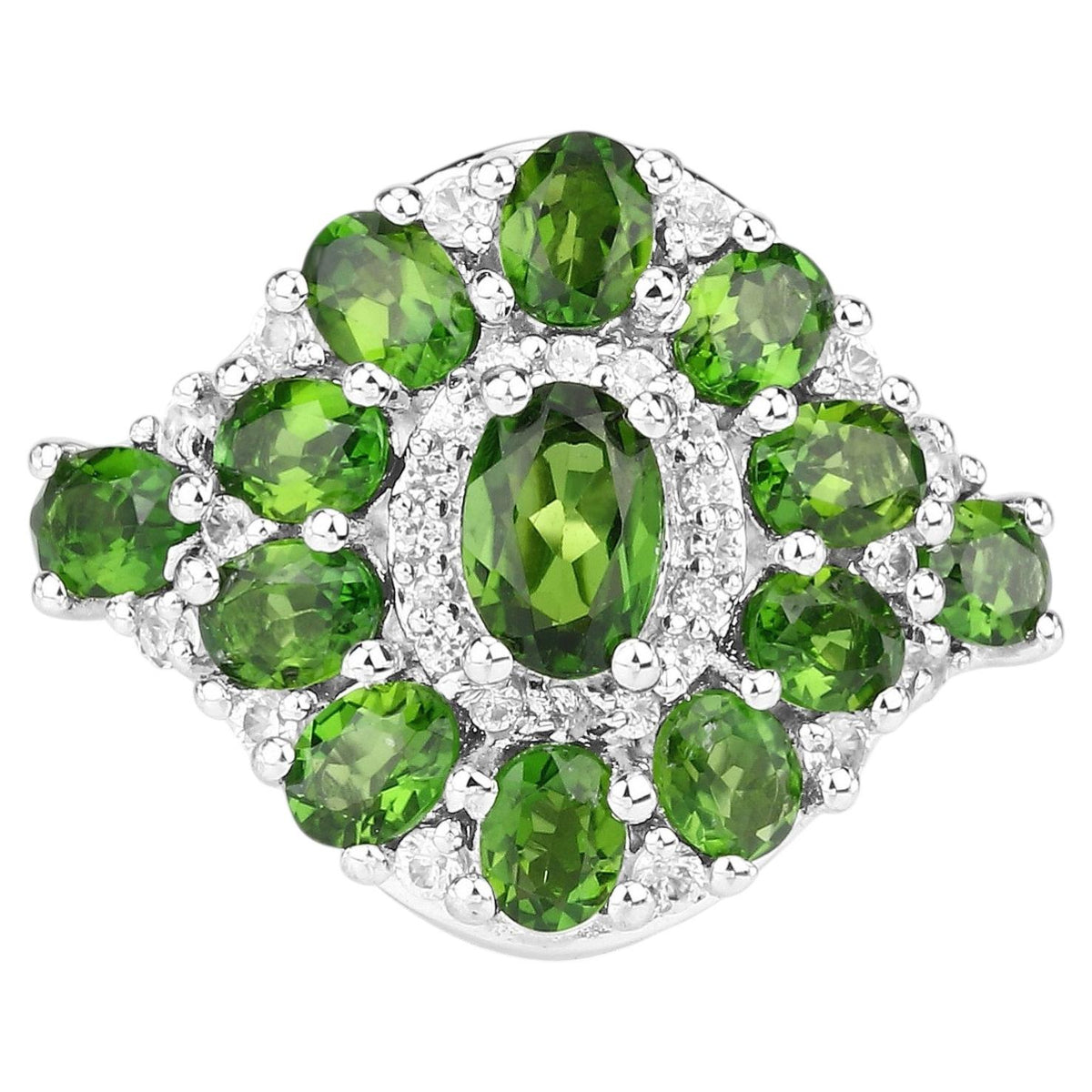 Chrome Diopside Flower Ring With White Zircon 2.7 Carats Sterling Silver