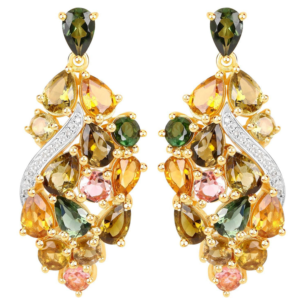 Multicolor Tourmaline Dangle Earrings Diamonds 18K Yellow Gold Plated Silver