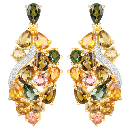 Multicolor Tourmaline Dangle Earrings Diamonds 18K Yellow Gold Plated Silver