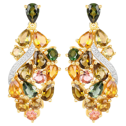 Multicolor Tourmaline Dangle Earrings Diamonds 18K Yellow Gold Plated Silver